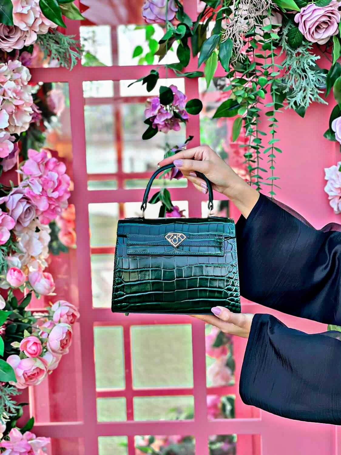 Zok Classic Luxury Handbag Dark Green Croc Leather UAE