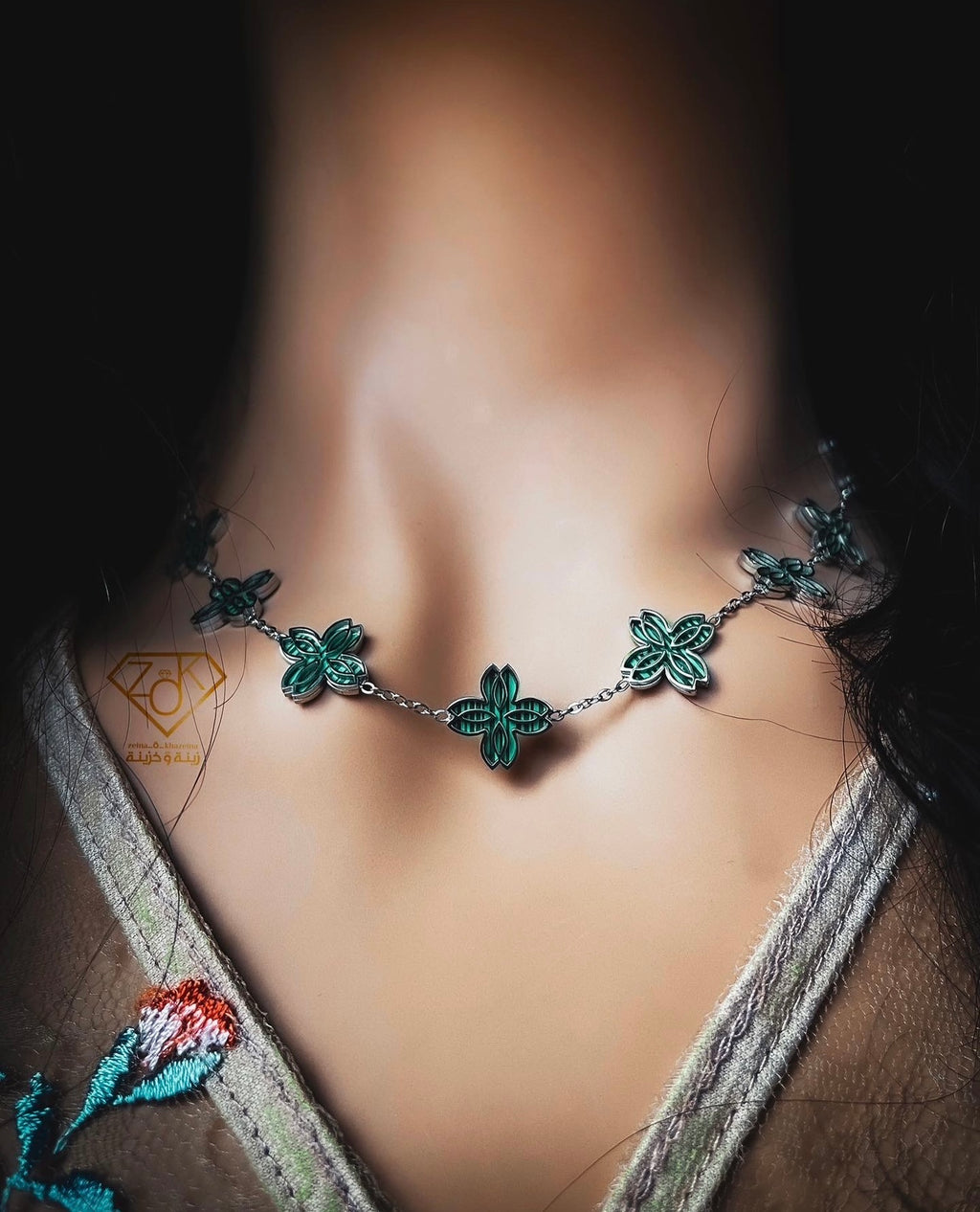 Zeina 10 Flowers Necklace Gold Malachite UAE